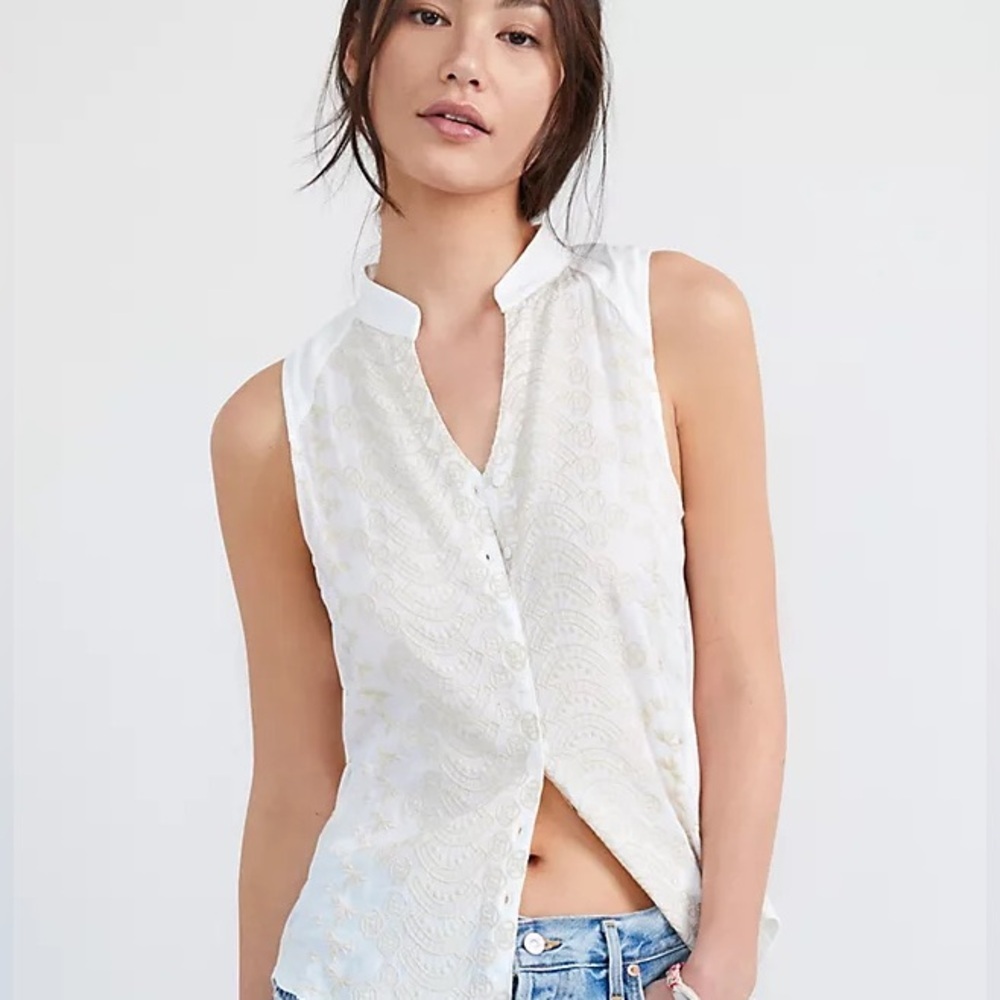 TINY x Anthro White Button Down Embroidered Corset Lace Sleeveless Boho Top XS